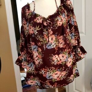 Free Kisses Floral Blouse - Burgundy and Blue. Off The Sholder